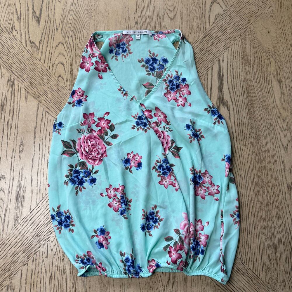Collective Concepts‎ Teal Aqua Floral Sleeveless Blouse Small Petite